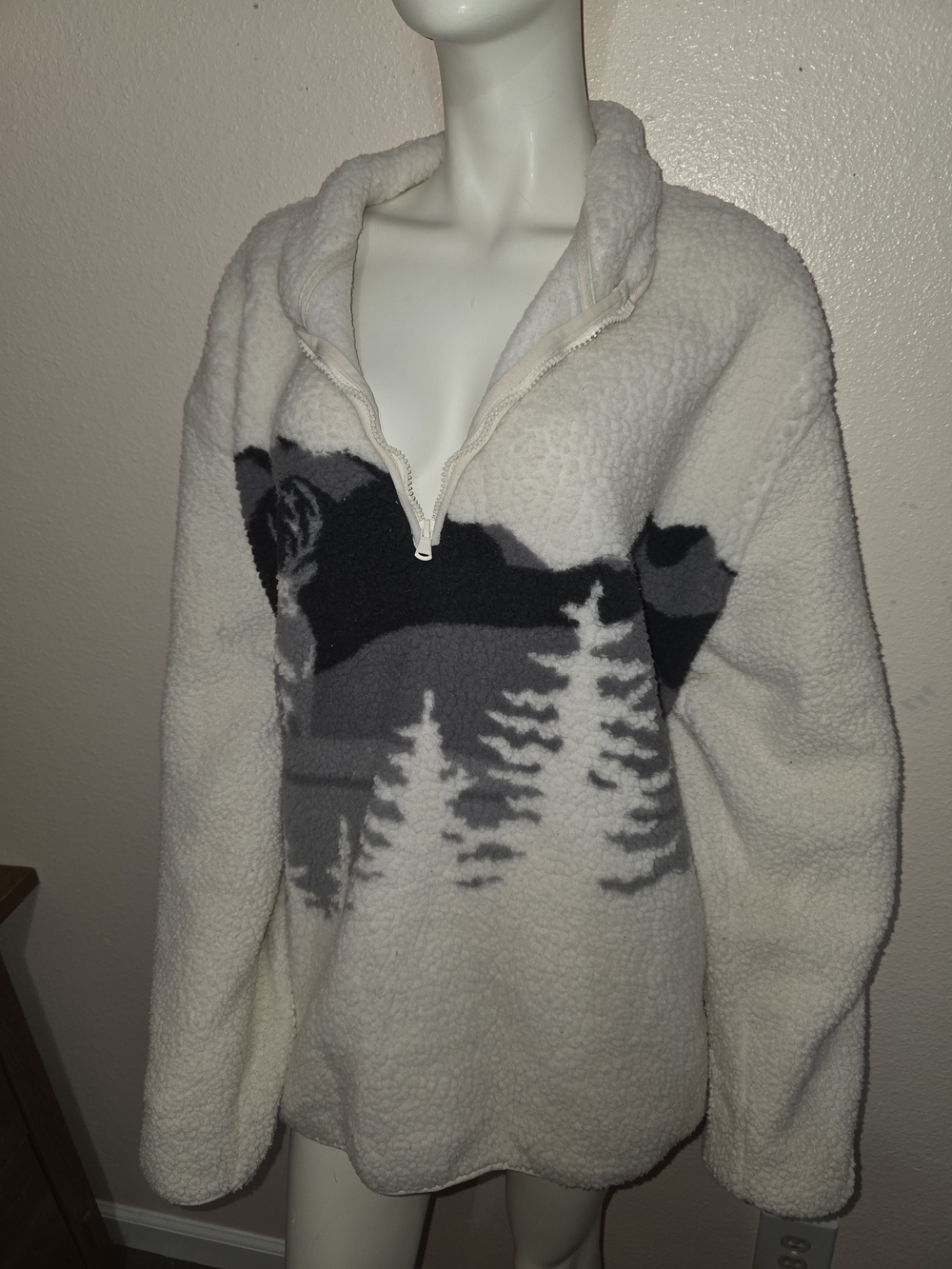 Old Navy Ivory Sherpa Quarter-Zip Sweater with Gray Forest Motif